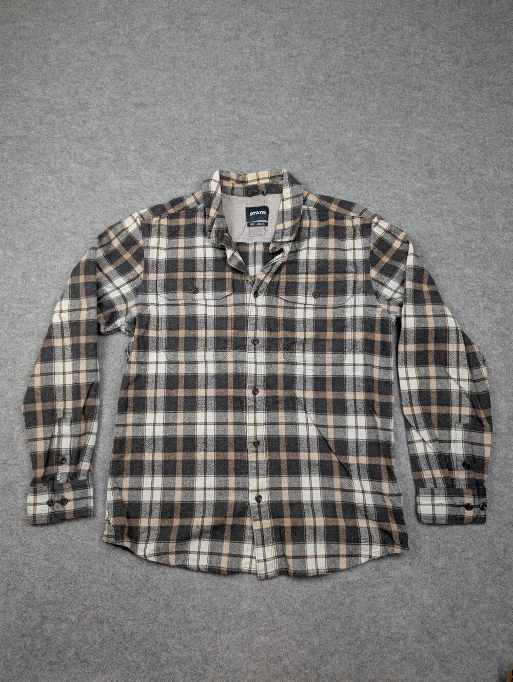 Prana Flannel Shirt Mens Medium Gray Plaid Long Sleeve Button Up Casual